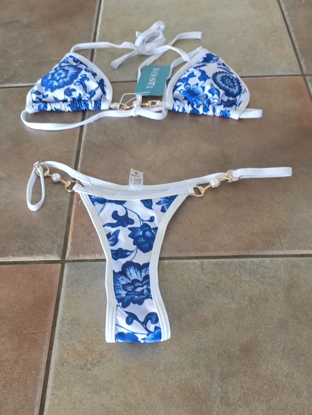 White & Blue Floral Triangle Bikini with Gold Accents